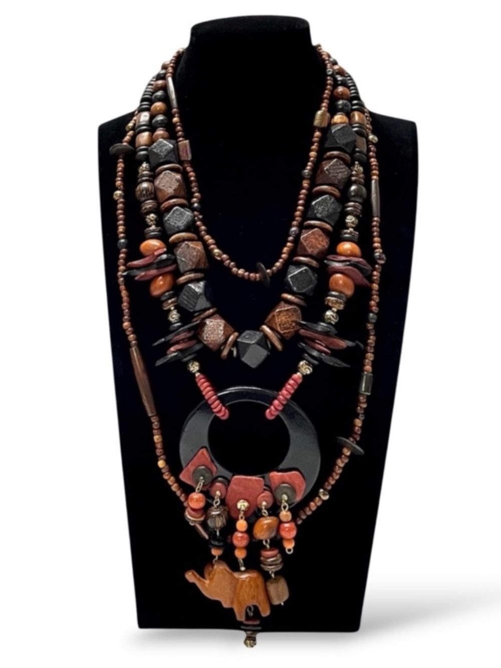 Boho Wooden Bead Necklace Bundle Chunky Layered Statement Ethnic Jewelry Set